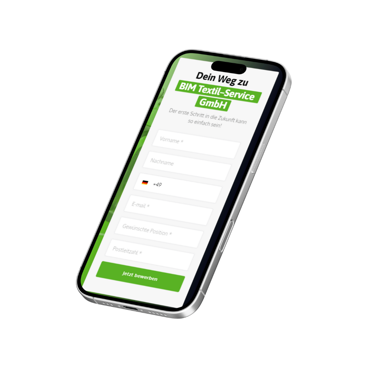Smartphone zeigt Online-Bewerbungsformular für BIM Textil-Service GmbH mit Feldern für Name, E-Mail und Position.