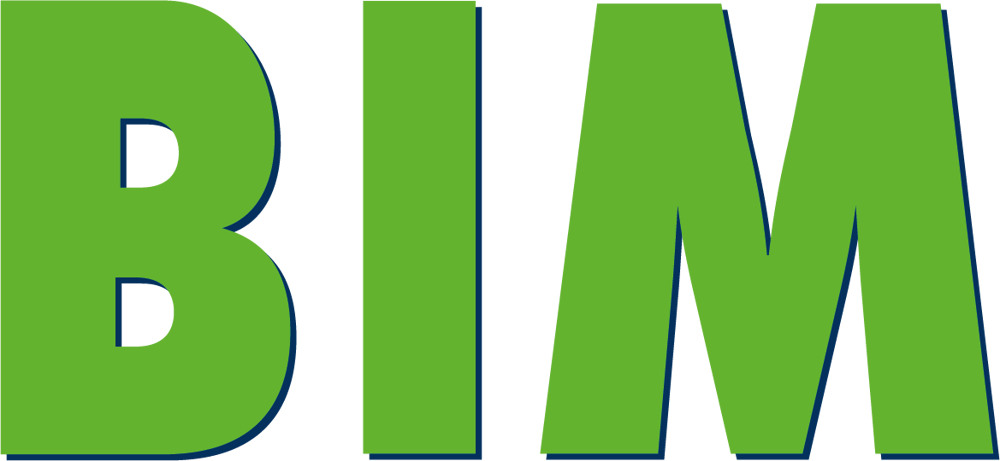 Grüner Schriftzug "BIM" mit blauem Schatten auf dunkelgrauem Hintergrund.